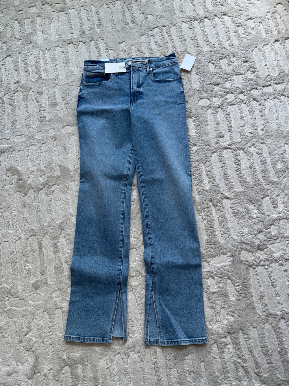Good American Good Boy Medium Blue vintage inspired curvy Jeans with Front Slits